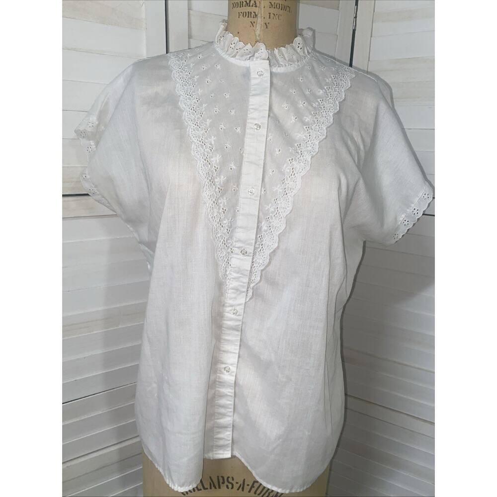 Vintage Blouse Sz Large White Eyelet Lace LADY ARROW 70s 80s COTTAGE Button Down